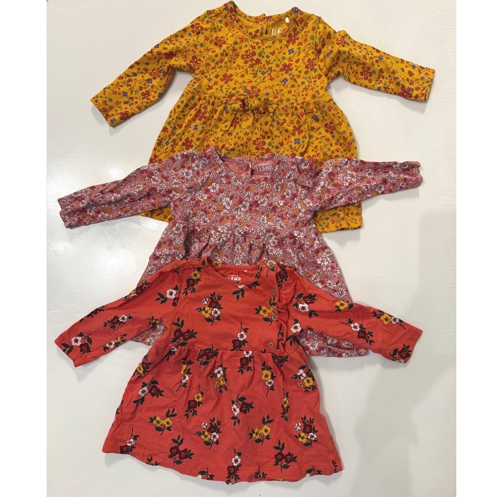 Laughing Llama LOT of 3 dresses floral size 9M long sleeve 100% cotton
